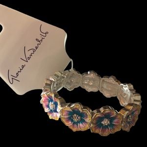 Gloria Vanderbilt Flower Stretch Bracelet Silver Tone Pink Blue Rhinestones New